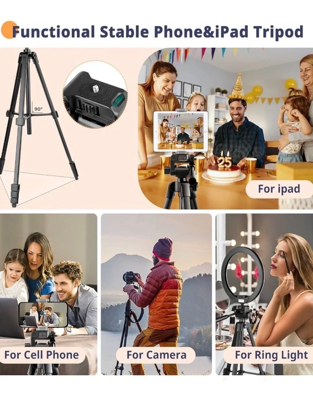 Universal Black Camera & Smartphone Tripod with Adjustable Mount